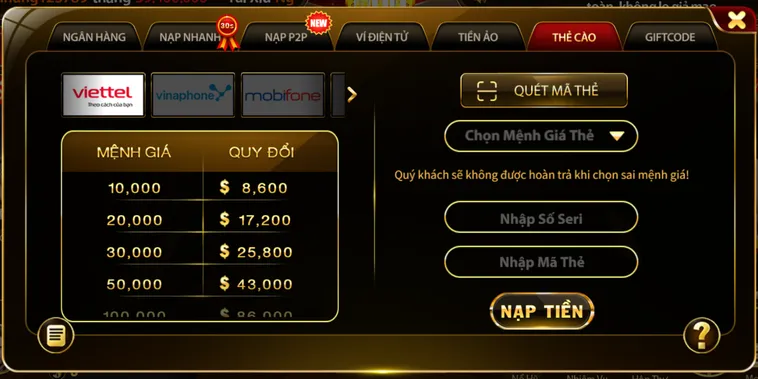 Nạp tiền bằng thẻ cào an toàn bảo mật - tiện lợi thu hút người chơi.